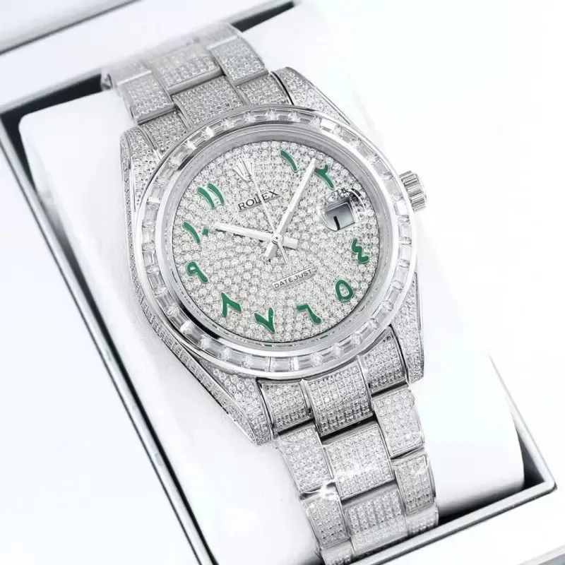 Rolex Stainless Steel Watch with Full Diamond Pave and Colored Sapphires 41mm #A46397