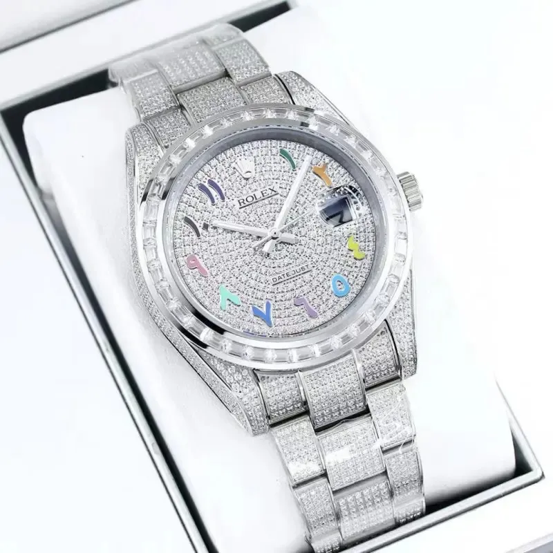 Rolex Stainless Steel Watch with Full Diamond Pave and Colored Sapphires 41mm #A46397