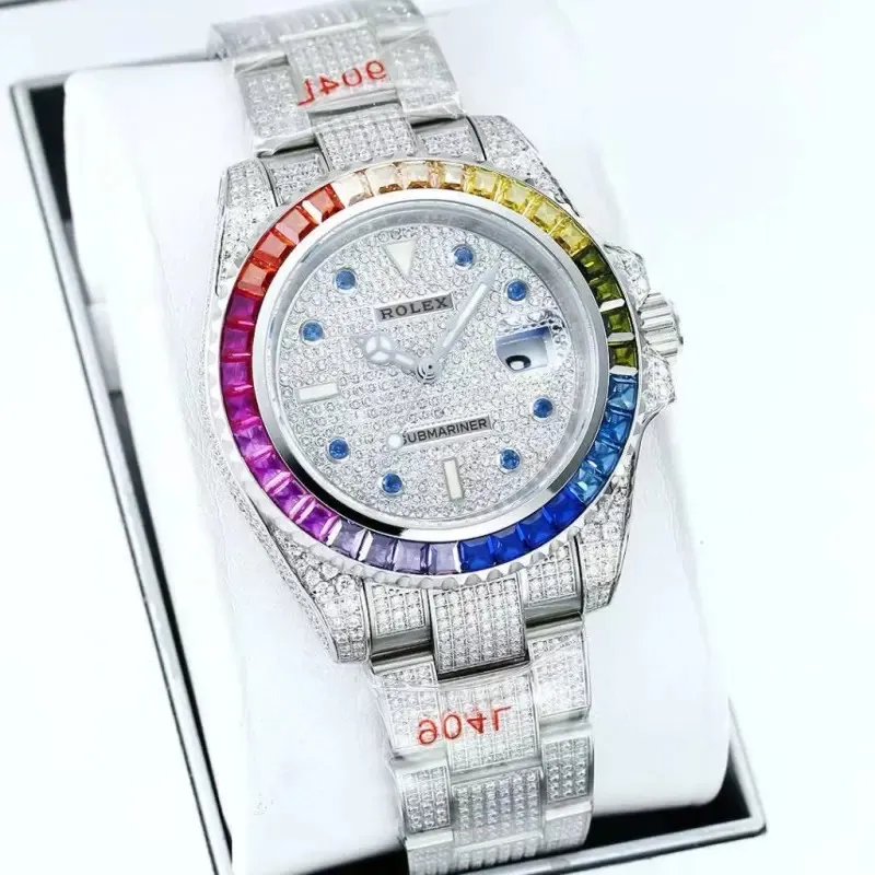 Rolex Stainless Steel Watch with Full Diamond Pave and Colored Sapphires 41mm #A46397
