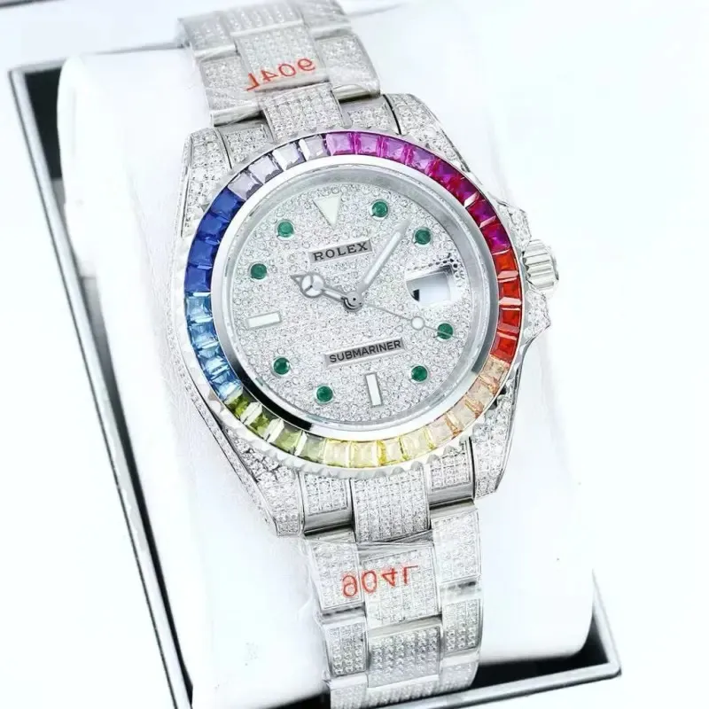 Rolex Stainless Steel Watch with Full Diamond Pave and Colored Sapphires 41mm #A46397