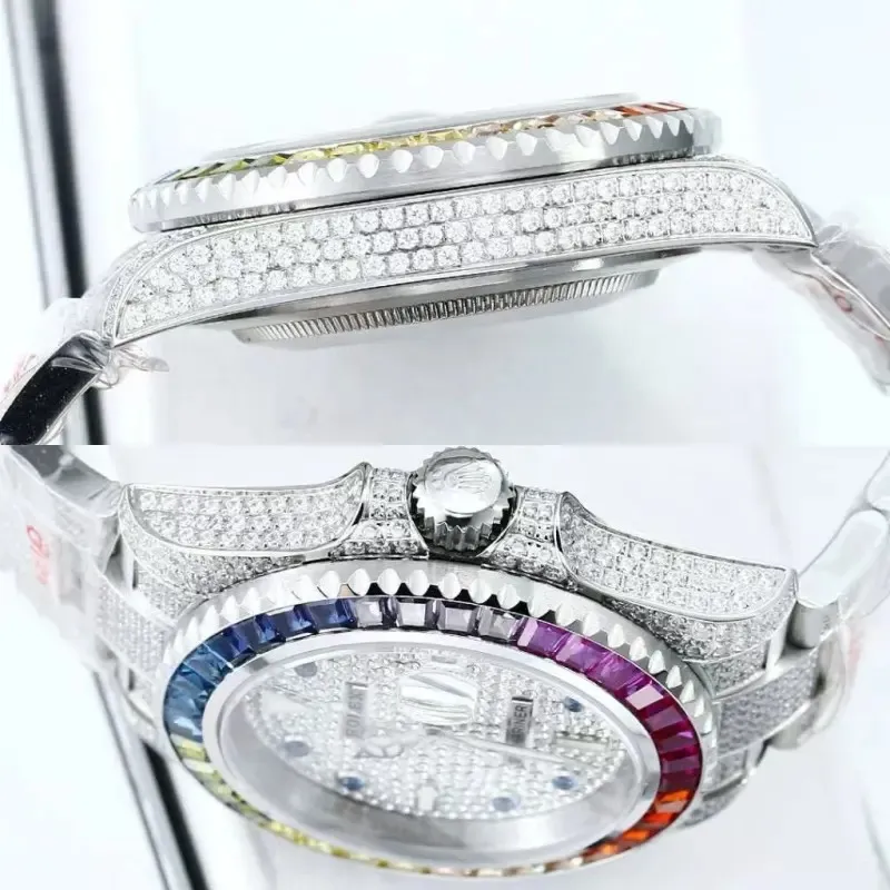 Rolex Stainless Steel Watch with Full Diamond Pave and Colored Sapphires 41mm #A46397