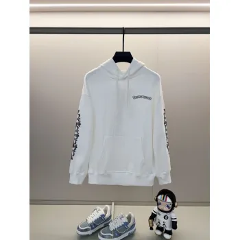 Chrome Hearts White Hoodie With Intricate Gothic Pink Black Logo And Sleeve Patterns #A54422