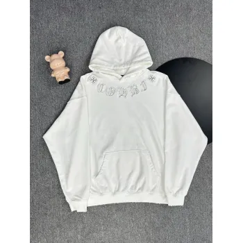 Chrome Hearts White/Black/Blue Hoodie Featuring Gothic Cross and Letter Embroidery Artwork #A54266
