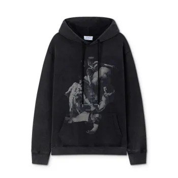 Off - White Black Hoodie With Artistic Graphic Print And Branded Details #A54245