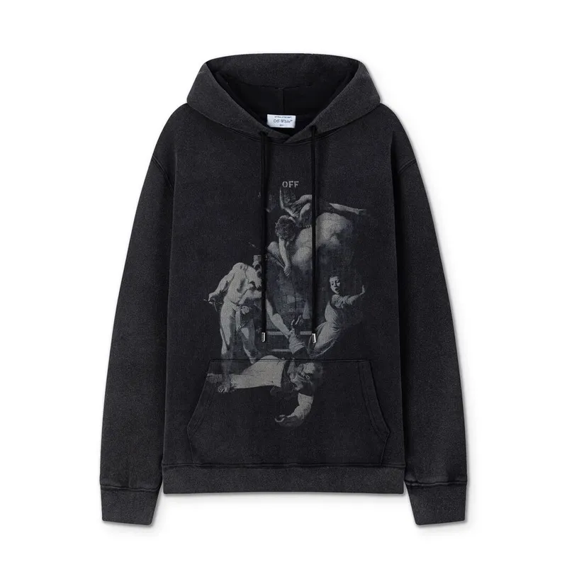 Off - White Black Hoodie With Artistic Graphic Print And Branded Details #A54245