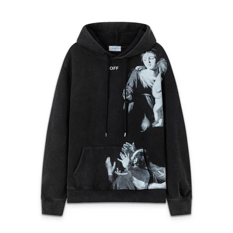 Off - White Washed Black Hoodie With Artistic Religious Print And OFF Logo #A54330