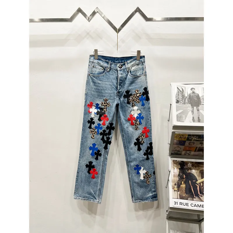 Chrome Hearts Inspired Blue Denim Jeans With Colorful Cross Patches For Edgy Fashion #A54279 Chrome Hearts Inspired Blue Denim Jeans With Colorful Cross Patches For Edgy Fashion #A54279