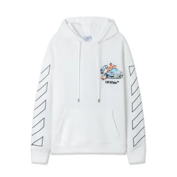 Off-White Hoodie With Artistic Back Print Featuring Cherubs Car And Brand Elements Black/White #A54326