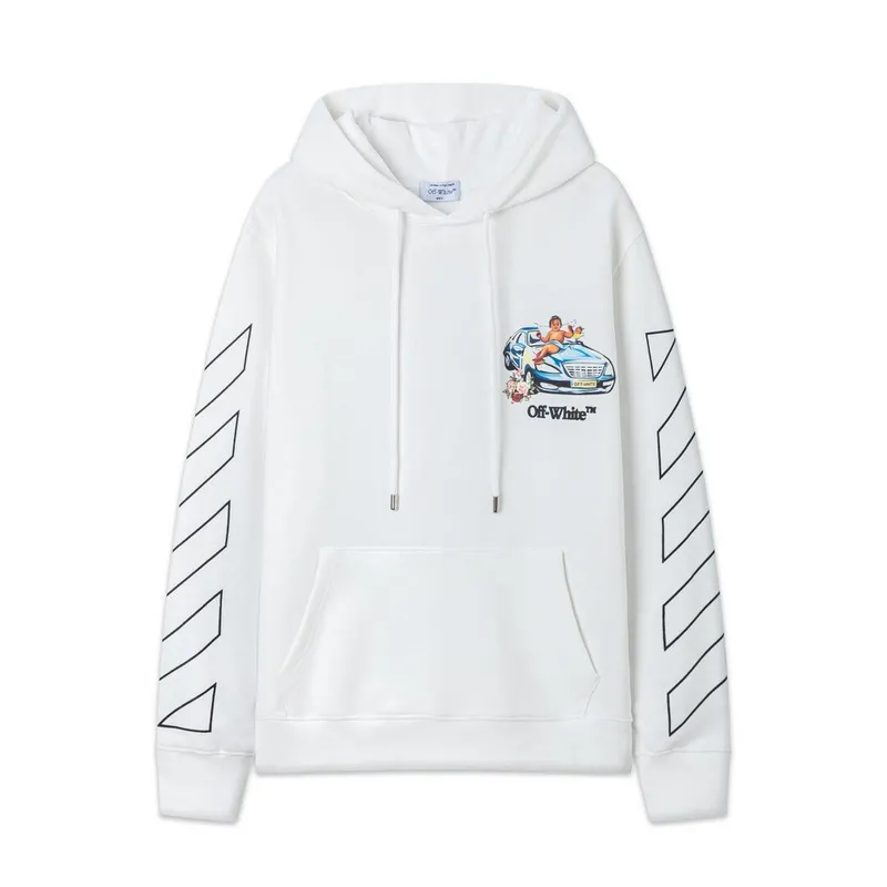 Off-White Hoodie With Artistic Back Print Featuring Cherubs Car And Brand Elements Black/White #A54326