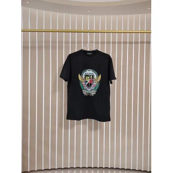 Balmain Paris White/Black T Shirt with Gold Chain and Blue Ribbon Circular Graphic Design for Men #A54258