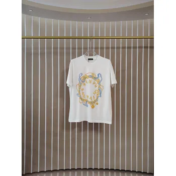 Balmain Paris White/Black T Shirt with Gold Chain and Blue Ribbon Circular Graphic Design for Men #A54257
