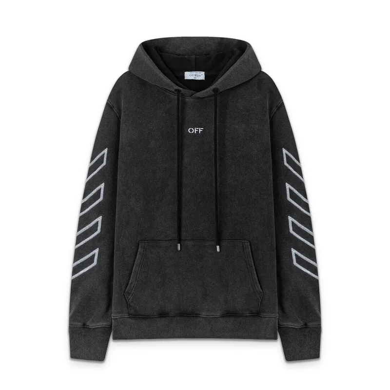 Off - White Washed Black Hoodie With Signature Diagonal Stripes And OFF Logo #A54329 Off - White Washed Black Hoodie With Signature Diagonal Stripes And OFF Logo #A54329