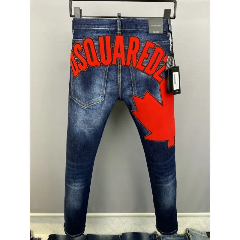 2025 DSQ2 Mens Denim Jeans Bold Red Maple Leaf Print with Faded Wash for Trendy Gentlemen #A54911