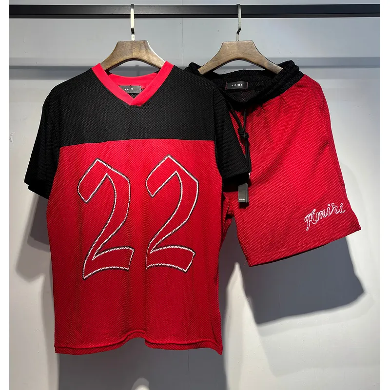 Amiri Red and Black Number 22 Mesh Jersey and Shorts Two Piece Set for Men #A54243