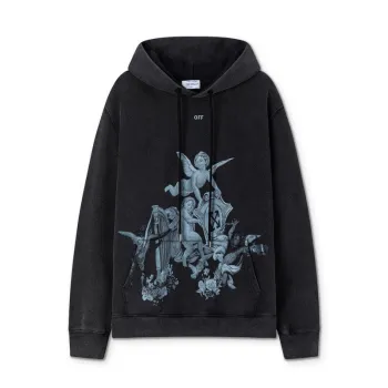 Off - White Black Hoodie With Cherub Graphic And Branded Detailing #A54249
