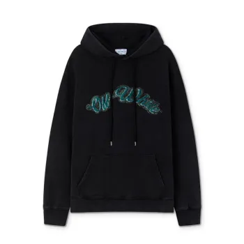 Off-White Black Hoodie with Blue Green Glitter Logo and Front Pocket for Men and Women #A54251