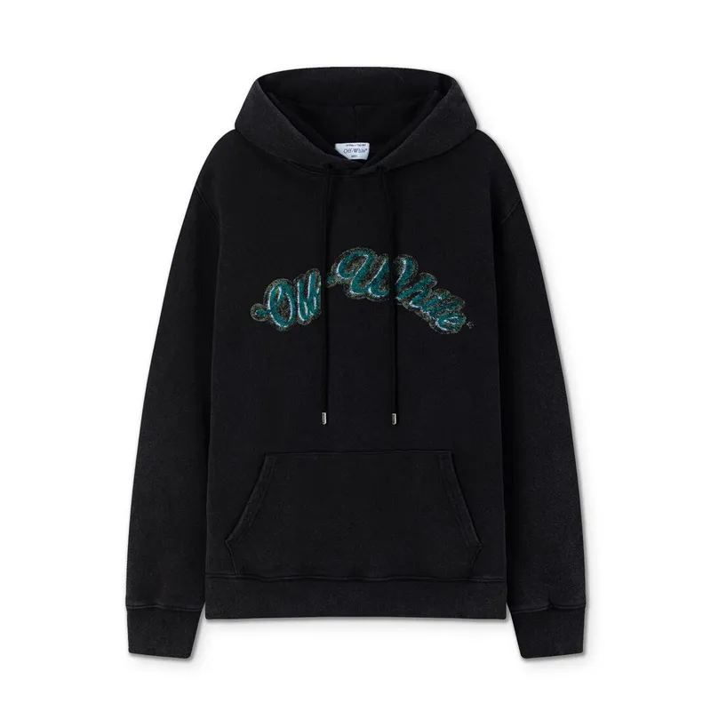 Off-White Black Hoodie with Blue Green Glitter Logo and Front Pocket for Men and Women #A54251