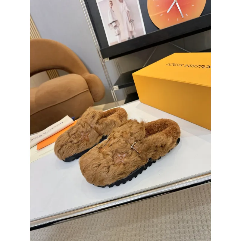 Louis Vuitton Cozy Fluffy Slippers with Leather Straps and Brand Embellishments #A54593