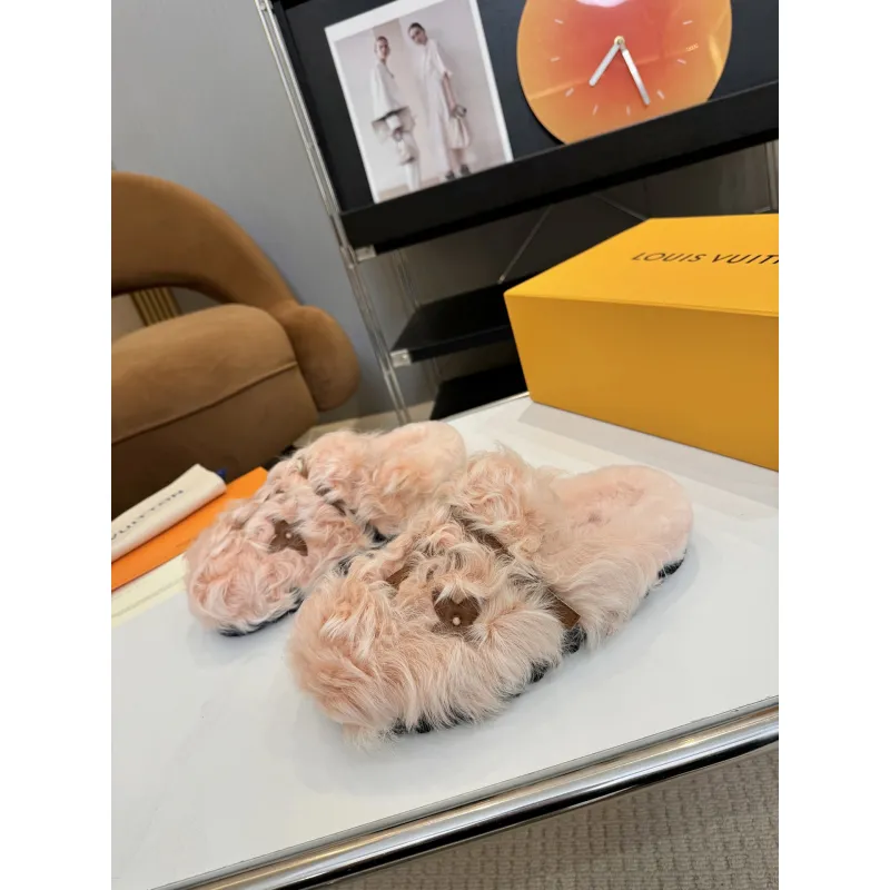 Louis Vuitton Cozy Fluffy Slippers with Leather Straps and Brand Embellishments #A54592