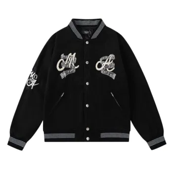 AMIRI Black Varsity Jacket With Intricate Embroidered Logos And Musical Note Accents #A54284