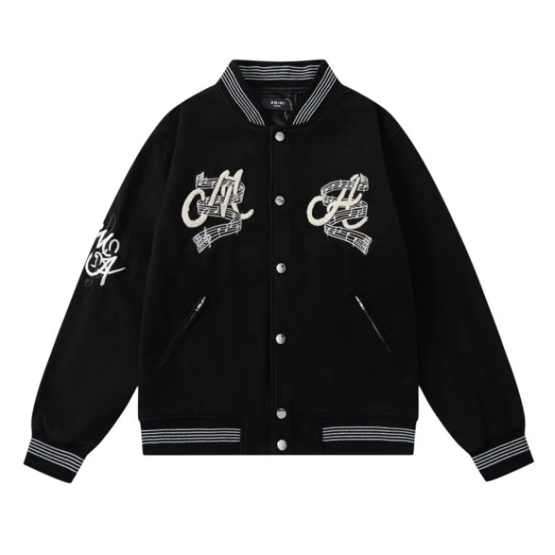 AMIRI Black Varsity Jacket With Intricate Embroidered Logos And Musical Note Accents #A54284