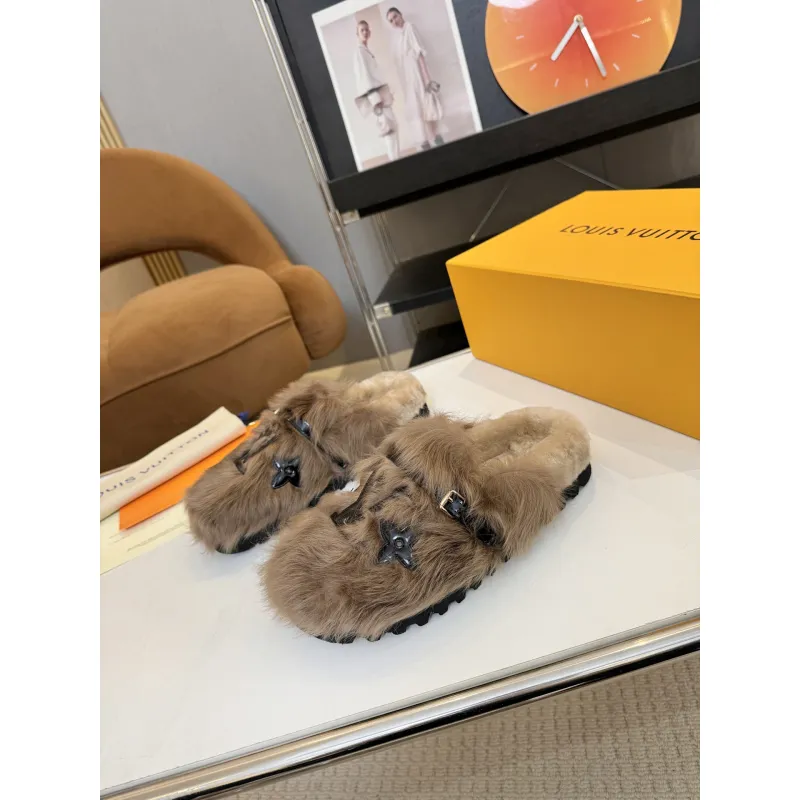 Louis Vuitton Cozy Fluffy Slippers with Leather Straps and Brand Embellishments #A54594