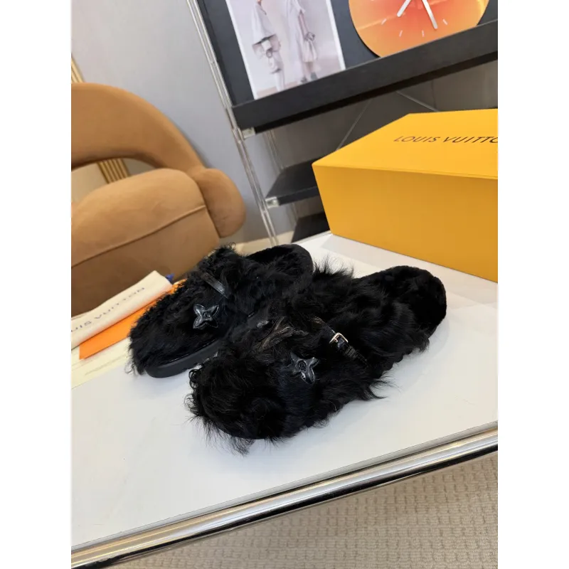 Louis Vuitton Cozy Fluffy Slippers with Leather Straps and Brand Embellishments #A54595 Louis Vuitton Cozy Fluffy Slippers with Leather Straps and Brand Embellishments #A54595