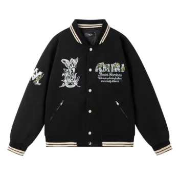 Black AMIRI Bomber Jacket With Angel And Garden Embroidery For Fashion Fans #A54406