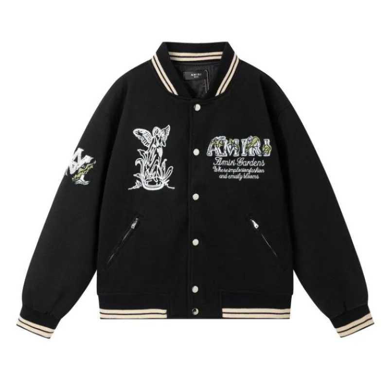 Black AMIRI Bomber Jacket With Angel And Garden Embroidery For Fashion Fans #A54406