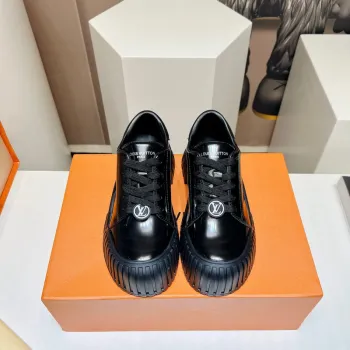 Louis Vuitton Black Sneakers: Patent Leather & Iconic LV Logo, Merging Luxury and Edge Black/White/Brown #A54199