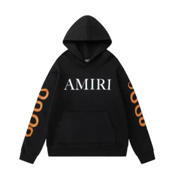 AMIRI Black/White Hoodie With Bold Logo And Orange Graphic Sleeves For Streetwear Style #A54282