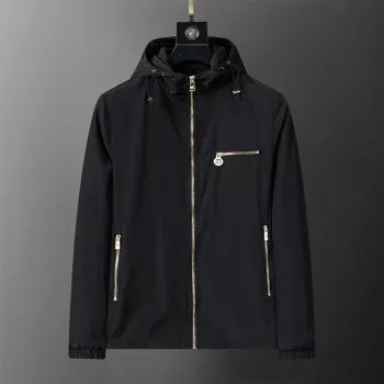 Versace Mens Hooded Windbreaker Jacket Stylish Black Outerwear with Gold Tone Zippers #A54303