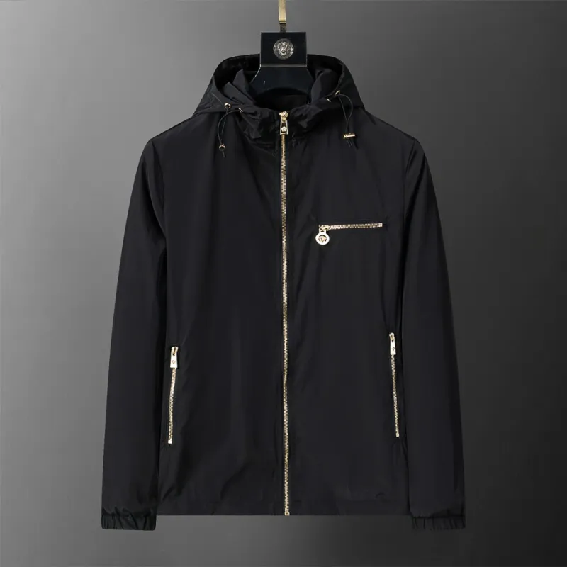Versace Mens Hooded Windbreaker Jacket Stylish Black Outerwear with Gold Tone Zippers #A54303
