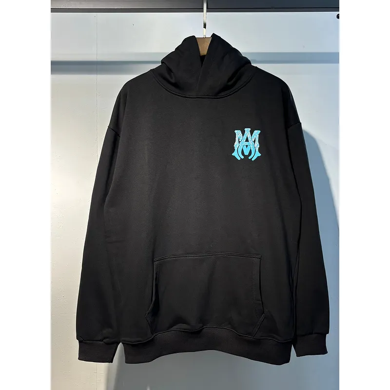 AMIRI Black Hoodie With Glittery Blue Back Logo And Brand Details #A54287 AMIRI Black Hoodie With Glittery Blue Back Logo And Brand Details #A54287
