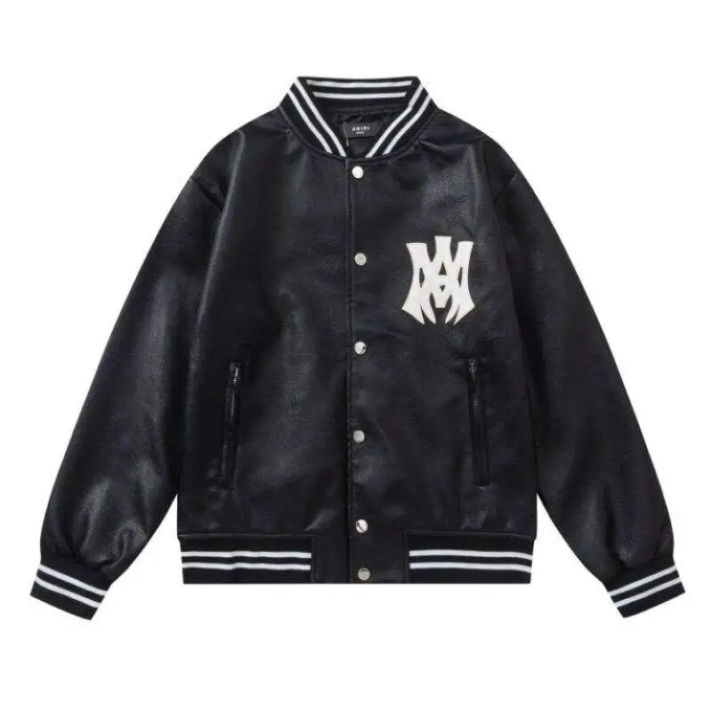 AMIRI Black Leather Bomber Jacket With Iconic Logo And Varsity Stripe Details #A54436 AMIRI Black Leather Bomber Jacket With Iconic Logo And Varsity Stripe Details #A54436