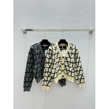 valentino Womens V Neck Cardigan Sweaters Iconic V Logo Pattern in Dual Colors for Luxury Fashion Enthusiasts #A57753