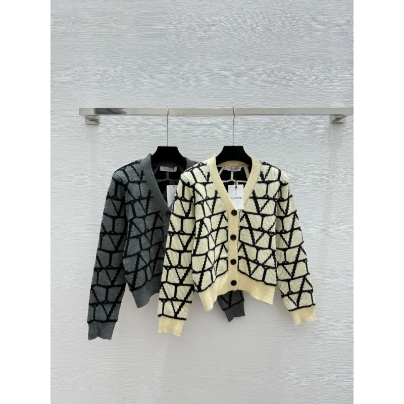 valentino Womens V Neck Cardigan Sweaters Iconic V Logo Pattern in Dual Colors for Luxury Fashion Enthusiasts #A57753