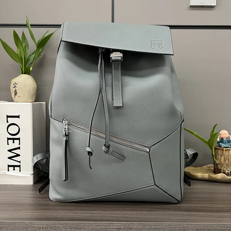 Loewe Puzzle Backpack In Light Gray Pebbled Leather With Signature Design #A50978
