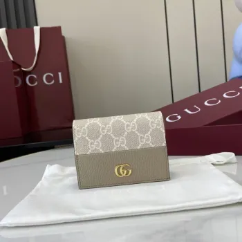 Gucci Beige Leather Compact Wallet with Gold Accents, Multiple Card Slots, Stylish & Functional for Daily Use #A56005