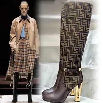 Fendi Womens Knee   High Boots  Iconic FF Monogram with Gold Heel Detail for Luxury Fashion Lovers #A56297