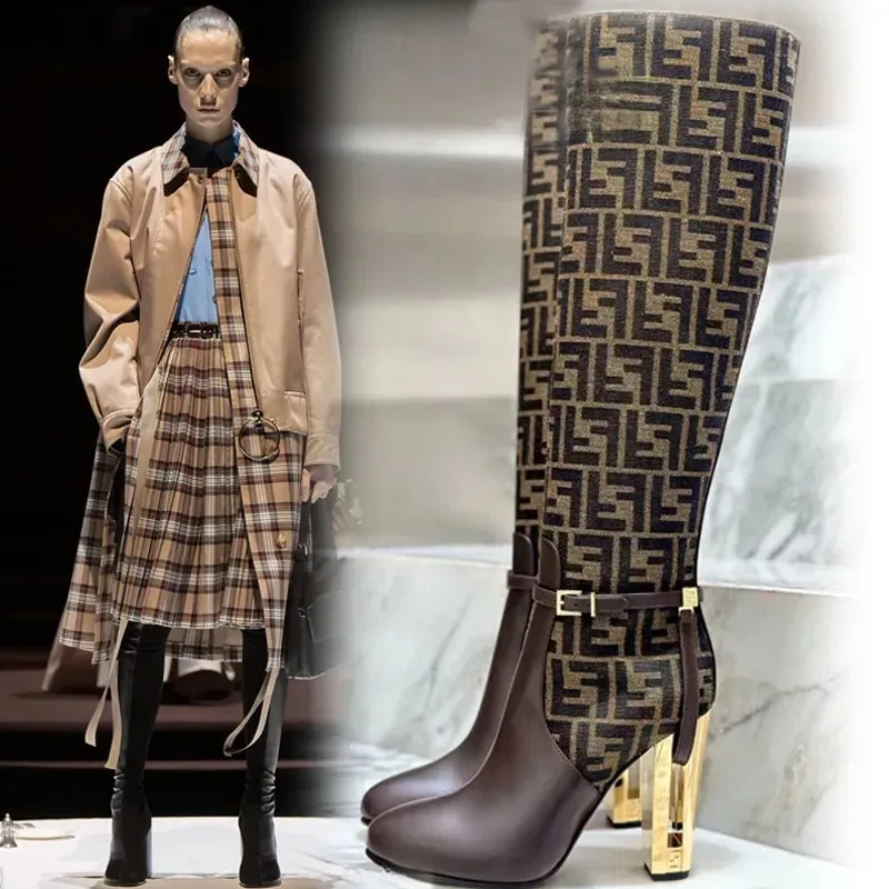 Fendi Womens Knee   High Boots  Iconic FF Monogram with Gold Heel Detail for Luxury Fashion Lovers #A56297