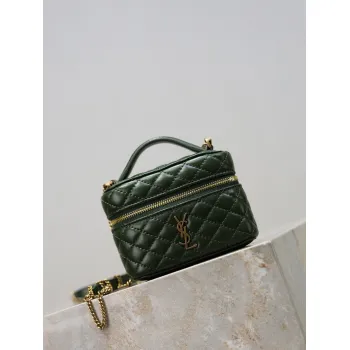 Saint Laurent 819285 GABY Mini Chain Cosmetic Bag - Dark Green Quilted Leather with Detachable Strap #A59505