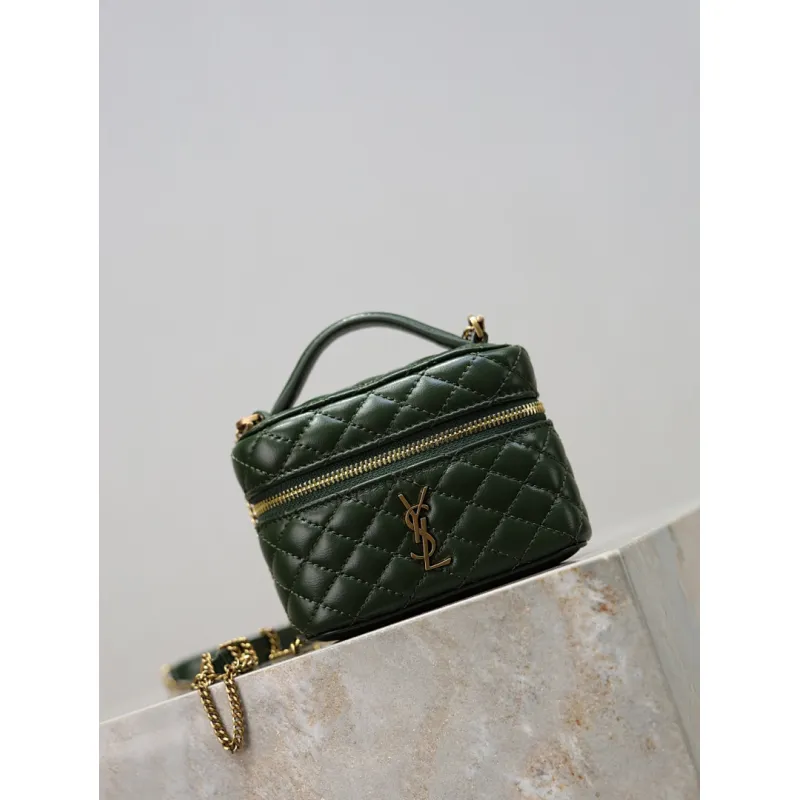 Saint Laurent 819285 GABY Mini Chain Cosmetic Bag - Dark Green Quilted Leather with Detachable Strap #A59505