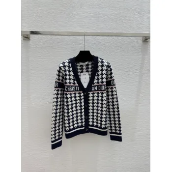 D-ior Womens V-Neck Cardigan  Houndstooth Pattern with Christian D-ior Logo Detail for Luxury Fashion Lovers #A57755