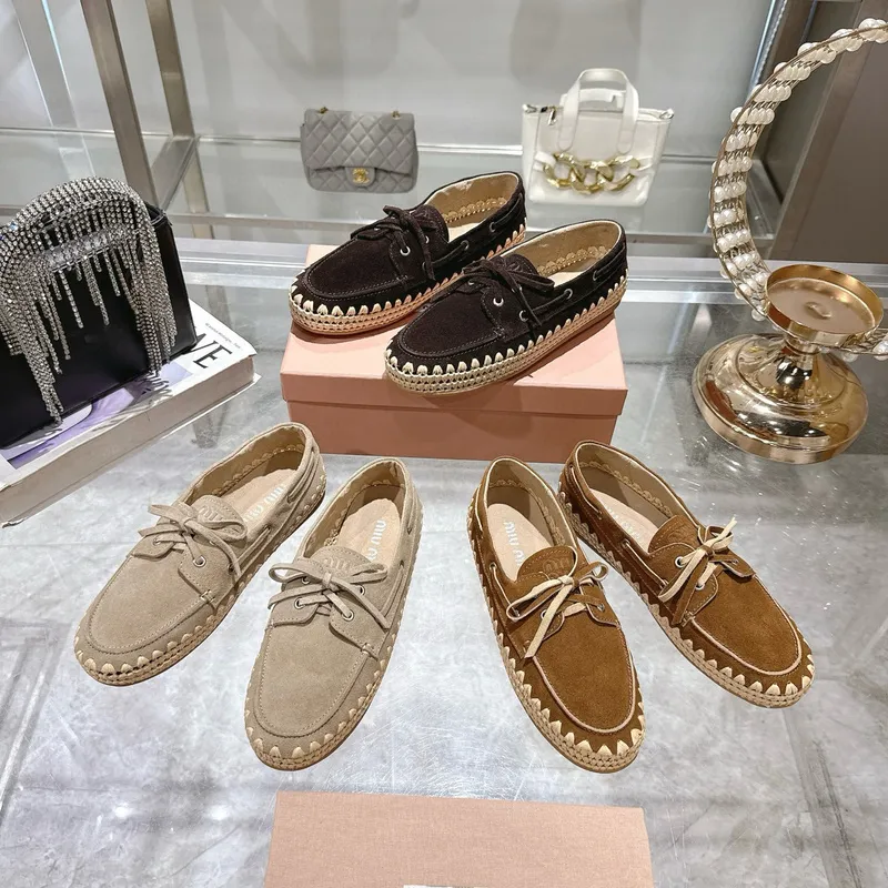 Miu Miu Bow Woven Suede & Leather Boat Shoes #A53179