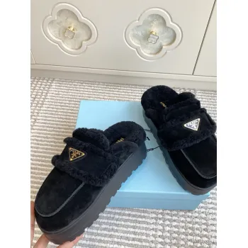 Prada Womens Shearling Lined Mule Slippers Triangle Logo Thick Sole Design for Cozy Luxury Winter Footwear #A57764