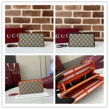 Gucci Zip-Around Wallet with Signature GG Canvas, Orange Trim & Detachable Strap, Stylish & Practical for Everyday Use #A56006