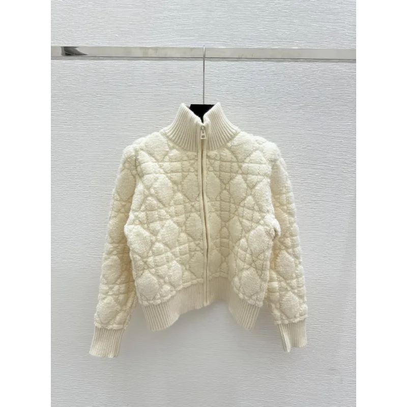 2025 D-ior Ecru Cannage Knit Cropped Zip-Up Cardigan #A54549 2025 D-ior Ecru Cannage Knit Cropped Zip-Up Cardigan #A54549