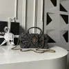 Chanel Womens Top Handle Bag - Gray Textured Fabric with Quilted Design, Gold-Tone CC Logo & Chain Strap, Luxurious Handbag for Fashion-Forward Style #A56746