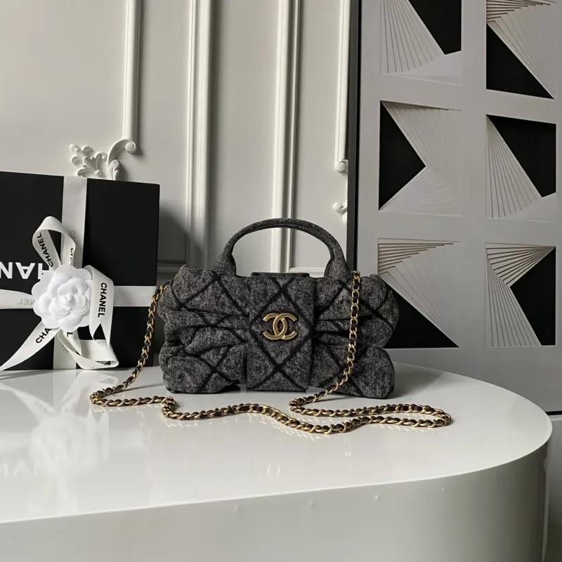 Chanel Womens Top Handle Bag - Gray Textured Fabric with Quilted Design, Gold-Tone CC Logo & Chain Strap, Luxurious Handbag for Fashion-Forward Style #A56746